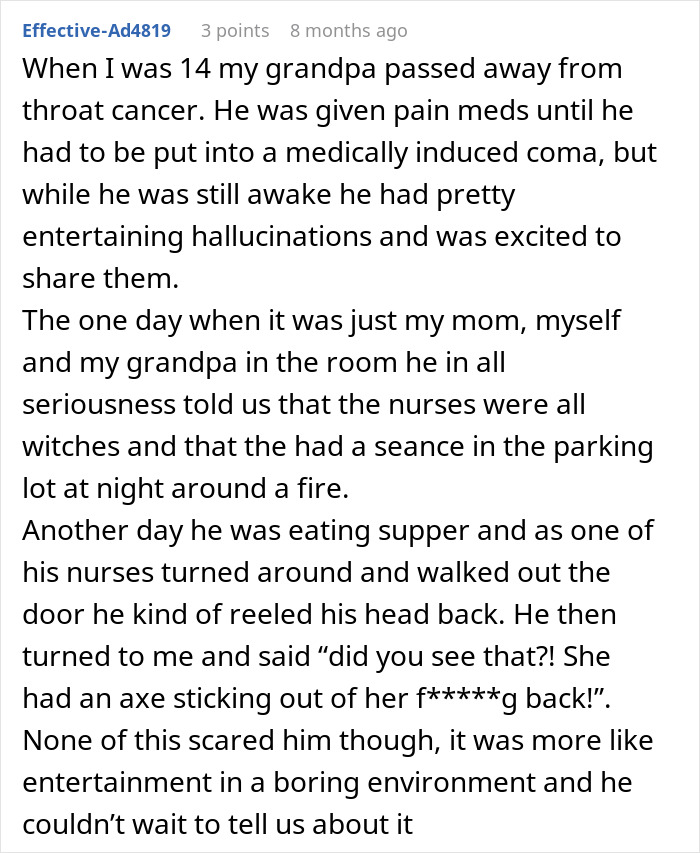 User story about end-of-life conversations detailing vivid hospital dreams and hallucinations. User story about end-of-life conversations detailing vivid hospital dreams and hallucinations.