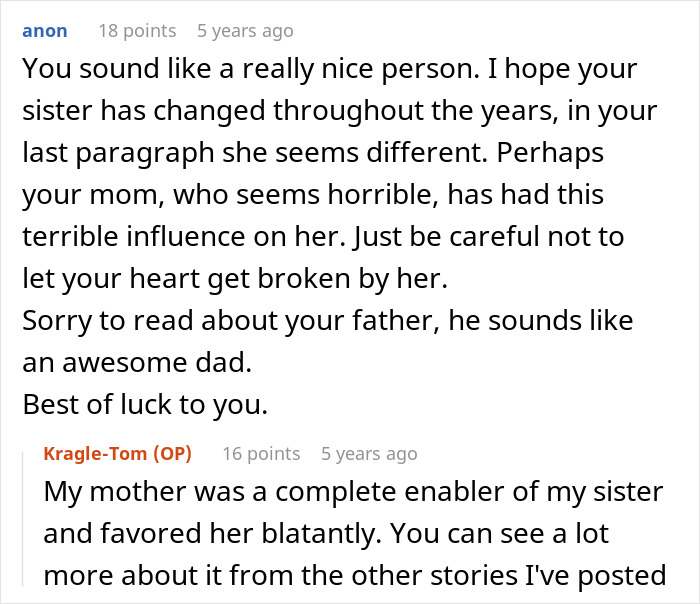 User comments detailing how a mother favored and enabled her daughter blatantly User comments detailing how a mother favored and enabled her daughter blatantly
