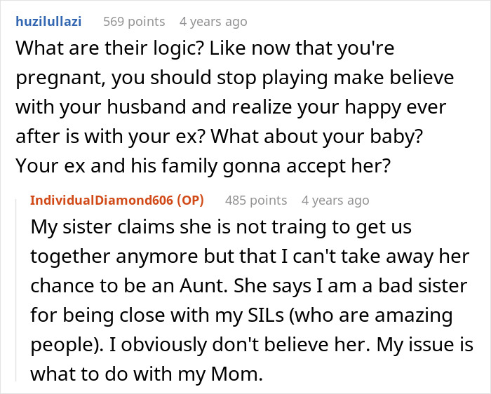 Comment discussing logic of pursuing ex during pregnancy in ex and sister boundary story