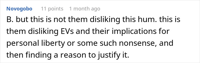 Comment discussing dislike of EVs and implications for personal liberty Comment discussing dislike of EVs and implications for personal liberty