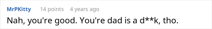 A blunt Reddit user comment defending the daughter against being dad-shamed by her father. A blunt Reddit user comment defending the daughter against being dad-shamed by her father.