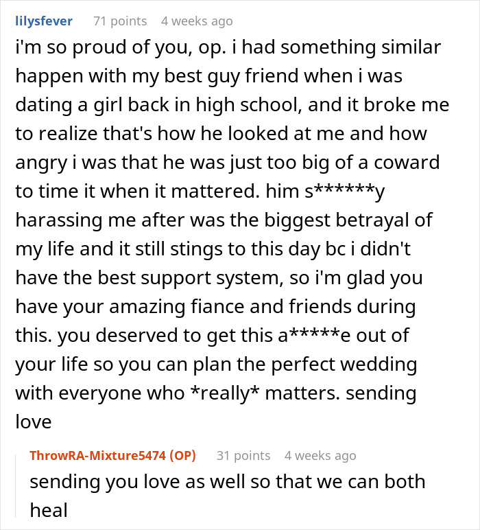 Online comment supporting OP who cuts ties with bestie who waits 20 years to tell her he loves her Online comment supporting OP who cuts ties with bestie who waits 20 years to tell her he loves her