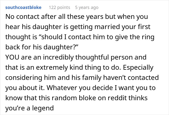 Reddit user complimenting a thoughtful gesture involving a cherished family heirloom. Reddit user complimenting a thoughtful gesture involving a cherished family heirloom.