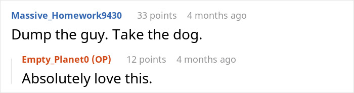 A Reddit comment advising to dump the boyfriend and keep the large dog after surgery recovery.
