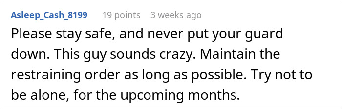 An online response advising safety and a restraining order regarding a guy who waits 20 years to tell bestie he loves her. An online response advising safety and a restraining order regarding a guy who waits 20 years to tell bestie he loves her.