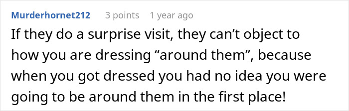 Online comment about surprise visits regarding a story where woman kicks out in-laws after MIL shames DIL.
