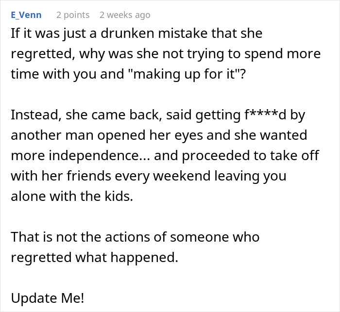 A detailed user comment questioning a wife's actions after returning from a girls trip