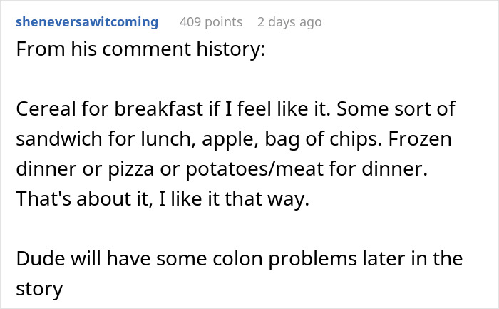 A comment pointing out a man dislike for wife cultural cuisine based on his basic eating habits. A comment pointing out a man dislike for wife cultural cuisine based on his basic eating habits.