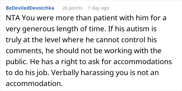 A text comment stating that harassing a coworker about her hair is not an accommodation for autism.