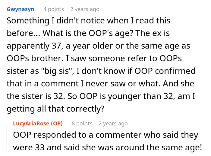 Reddit comment discussing age gaps and timelines involving an ex who rejected him