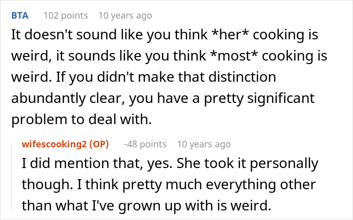 Social media text about a husband's dislike for his wife's cultural cuisine and other unfamiliar foods. Social media text about a husband's dislike for his wife's cultural cuisine and other unfamiliar foods.