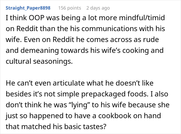 A comment criticizing someone for being rude about their partner cultural cuisine and seasonings. A comment criticizing someone for being rude about their partner cultural cuisine and seasonings.