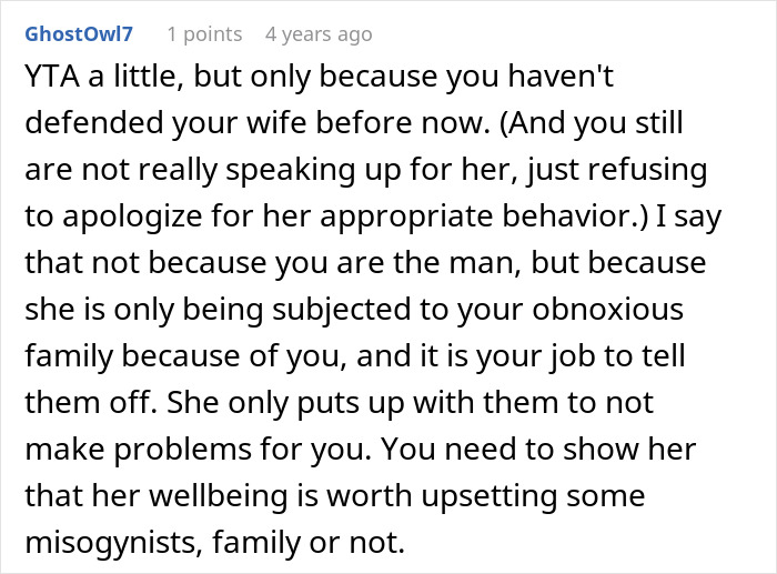 An online comment explaining why a husband should defend his wife from family members' misogynistic comments An online comment explaining why a husband should defend his wife from family members' misogynistic comments