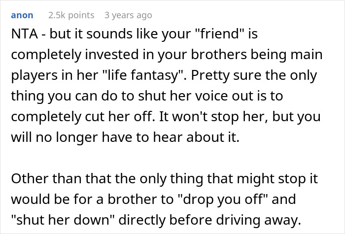Advice suggesting cutting off a friend obsessed with brothers in a teen's false dating story Advice suggesting cutting off a friend obsessed with brothers in a teen's false dating story