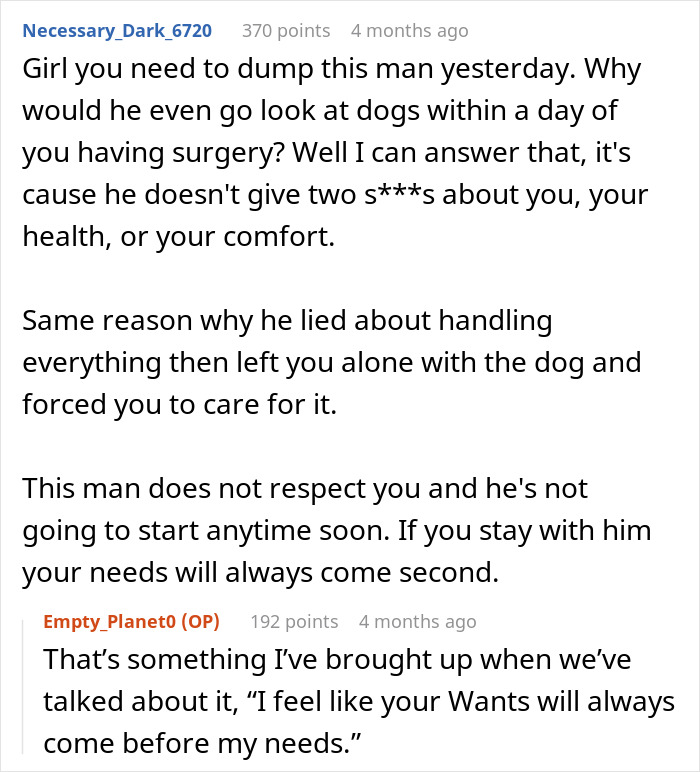 Reddit advice suggesting the girlfriend dump the boyfriend who got a large dog