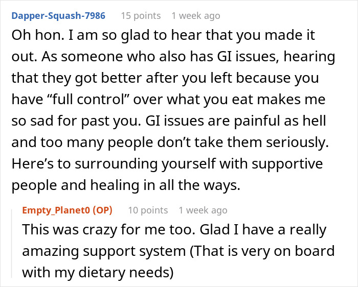 Online comment discussing GI issues and the need for support after surgery.
