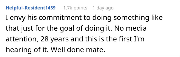 Social media comment praising the commitment of the man who goes for a walk in 1998. Social media comment praising the commitment of the man who goes for a walk in 1998.