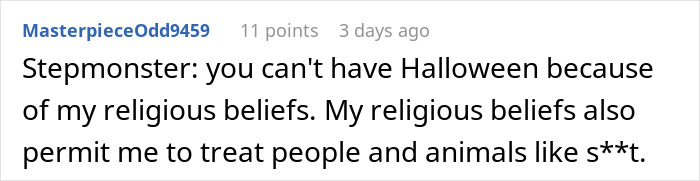Reddit comment about a stepmother throwing away stepchild food based on religious beliefs.