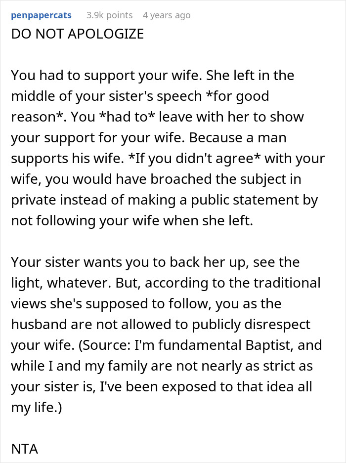 Social media comment advising a husband to support his wife and refusing to apologize for walking out. Social media comment advising a husband to support his wife and refusing to apologize for walking out.
