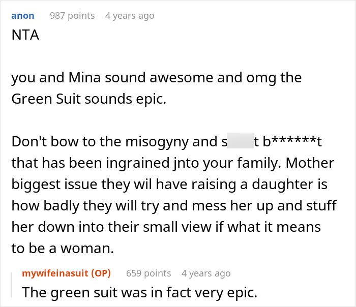 Online discussion thread supporting a wife who wore a green suit, discussing family misogyny. Online discussion thread supporting a wife who wore a green suit, discussing family misogyny.