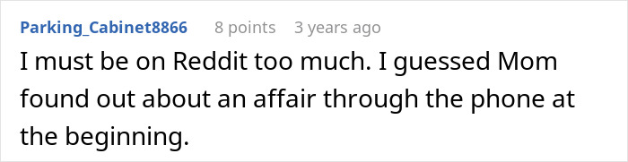 Reddit comment guessing the affair plot twist in the family drama story. Reddit comment guessing the affair plot twist in the family drama story.