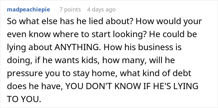A comment questioning a fiance lie before getting married. A comment questioning a fiance lie before getting married.