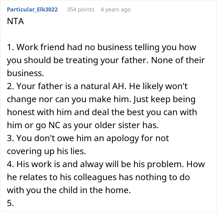 Online forum post advising a user about their dad who lied about paying for their classes. Online forum post advising a user about their dad who lied about paying for their classes.