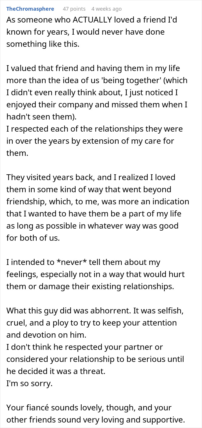 An online response condemning the guy who waits 20 years to tell bestie he loves her, calling it selfish. An online response condemning the guy who waits 20 years to tell bestie he loves her, calling it selfish.