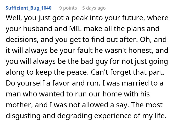 Online response warning about future relationship issues with a fiancé and his mother. Online response warning about future relationship issues with a fiancé and his mother.