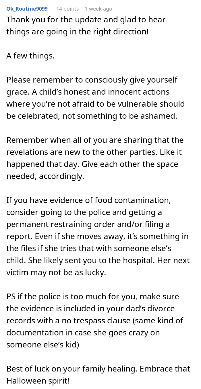 Detailed online comment offering advice regarding food safety and police reporting after a stepchild's food issue.
