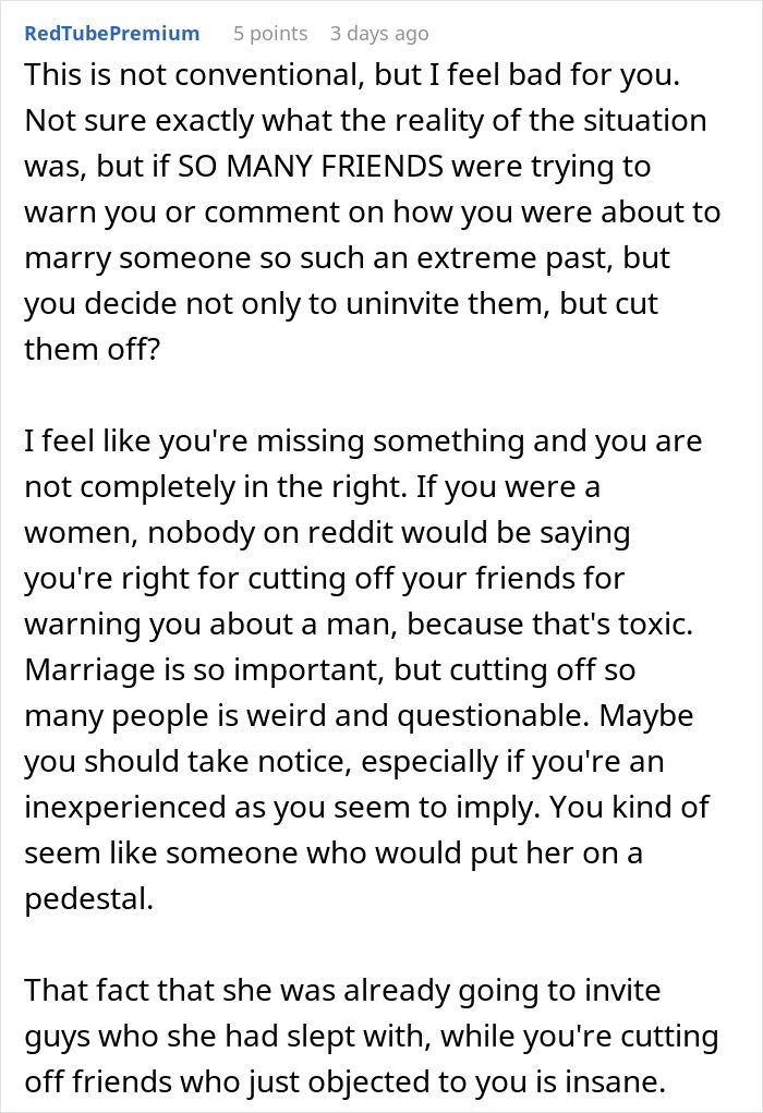Comment questions cutting off friends before marriage over partner's past Comment questions cutting off friends before marriage over partner's past