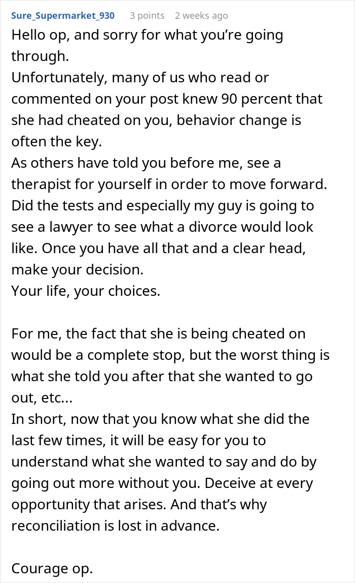 A detailed Reddit comment advising a husband on divorce and therapy after a disastrous girls trip.