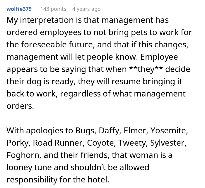 Hotel Tells Employee To Not Bring Untrained Dog To Work, She Calls Them "Satanic Reptilian Illuminati" Hotel Tells Employee To Not Bring Untrained Dog To Work, She Calls Them "Satanic Reptilian Illuminati"