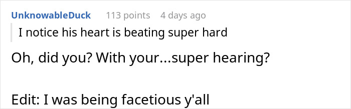 A facetious Reddit comment about the panicking BF whose heart was beating super hard. A facetious Reddit comment about the panicking BF whose heart was beating super hard.