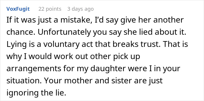 A comment explaining why an aunt who leaves a niece alone at school cannot be trusted again. A comment explaining why an aunt who leaves a niece alone at school cannot be trusted again.