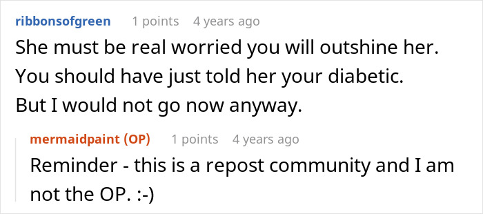 Comment suggests diabetic bride-to-be should inform sister-in-law to avoid conflict Comment suggests diabetic bride-to-be should inform sister-in-law to avoid conflict
