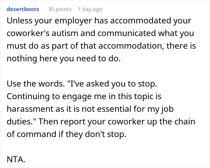 A comment giving advice on how to report a coworker blaming autism for workplace harassment.