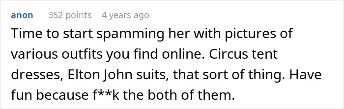 Comment suggests spamming fiancé with humorous outfit pictures in wedding dispute Comment suggests spamming fiancé with humorous outfit pictures in wedding dispute