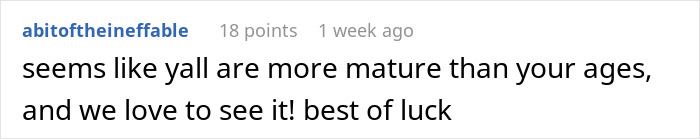 Comment praises maturity regardless of age and wishes best of luck Comment praises maturity regardless of age and wishes best of luck