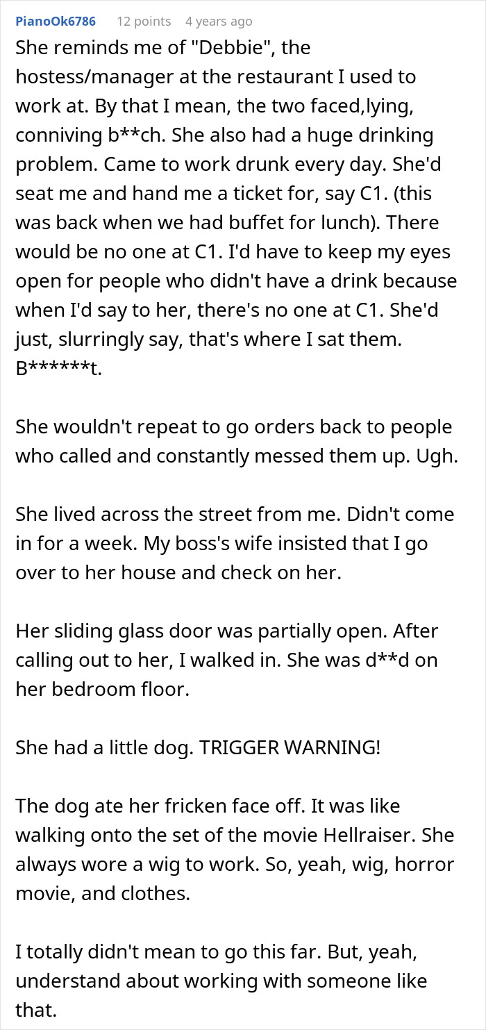 A comment about a bossy coworker who was a two-faced, lying hostess at a restaurant A comment about a bossy coworker who was a two-faced, lying hostess at a restaurant