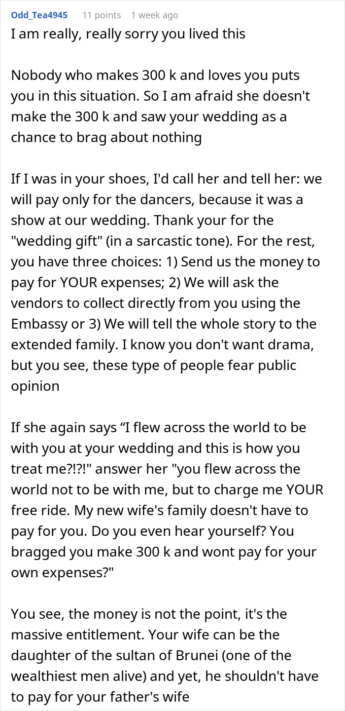 Comment advising confrontation about wedding expenses and entitlement