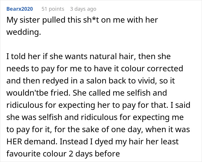 Woman Spends A Fortune On Vivid Hair, Gets Told To Dye It A Natural Color To Fit Into Wedding Party Woman Spends A Fortune On Vivid Hair, Gets Told To Dye It A Natural Color To Fit Into Wedding Party