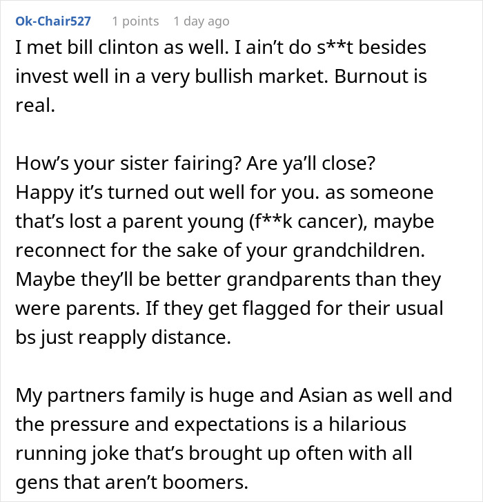 Online comment advising a user about parents who dismissed son achievements and suggesting distance. Online comment advising a user about parents who dismissed son achievements and suggesting distance.
