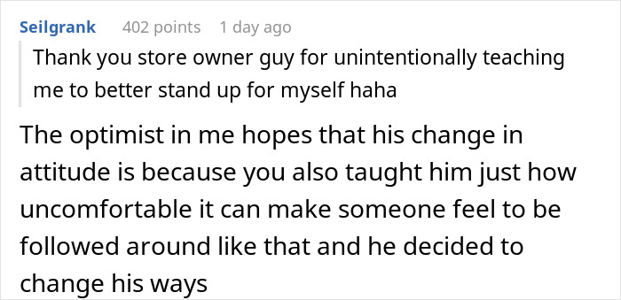 Comment thanking store owner for teaching to stand up Comment thanking store owner for teaching to stand up