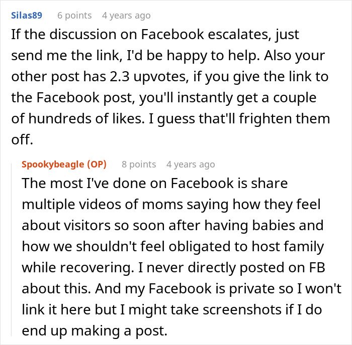 Reddit comments of a woman discussing boundaries for family visits on social media before giving birth. Reddit comments of a woman discussing boundaries for family visits on social media before giving birth.