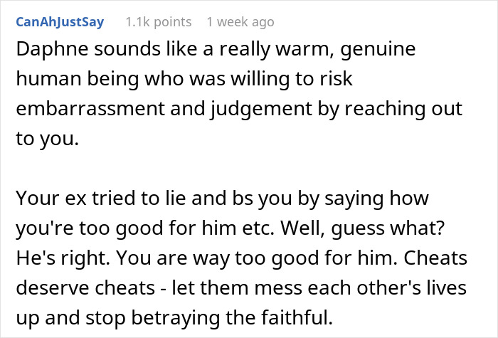 Comment praising Daphne's honesty about cheating husband