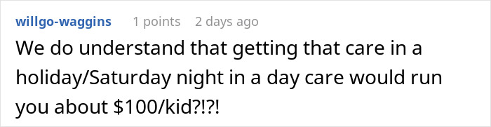 User comment pointing out high costs of daycare vs cheap Halloween invite babysitting