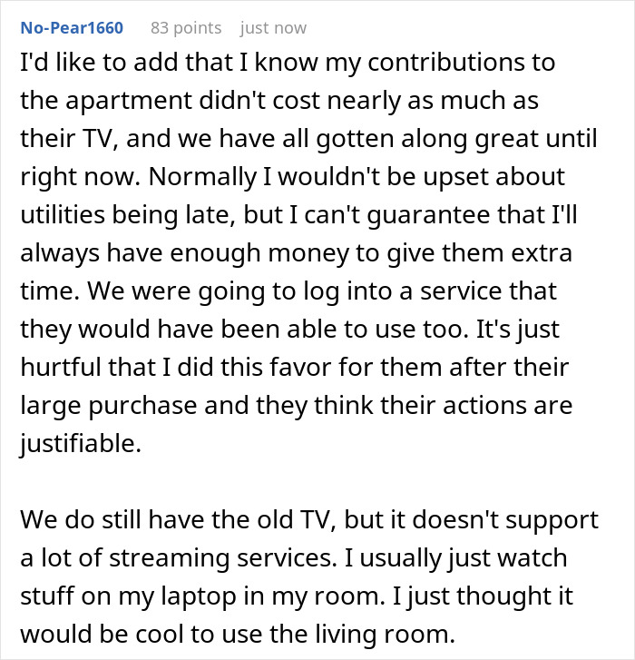 Reddit post by No-Pear1660 discussing a roommate dispute over a new TV Reddit post by No-Pear1660 discussing a roommate dispute over a new TV