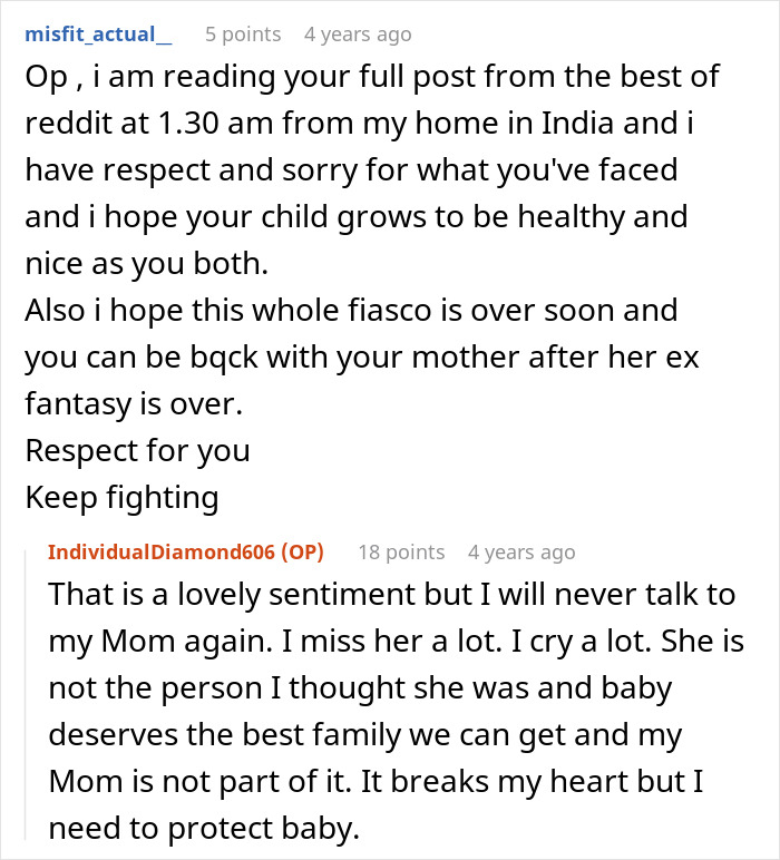 Reddit user comment offering support to OP regarding her estranged mom after the ex drama.