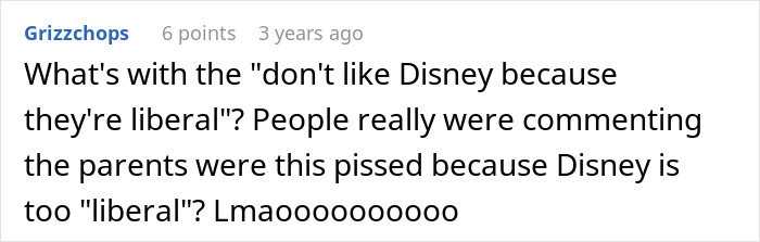 Social media comment questioning the political reasons for parents hating Disneyland. Social media comment questioning the political reasons for parents hating Disneyland.